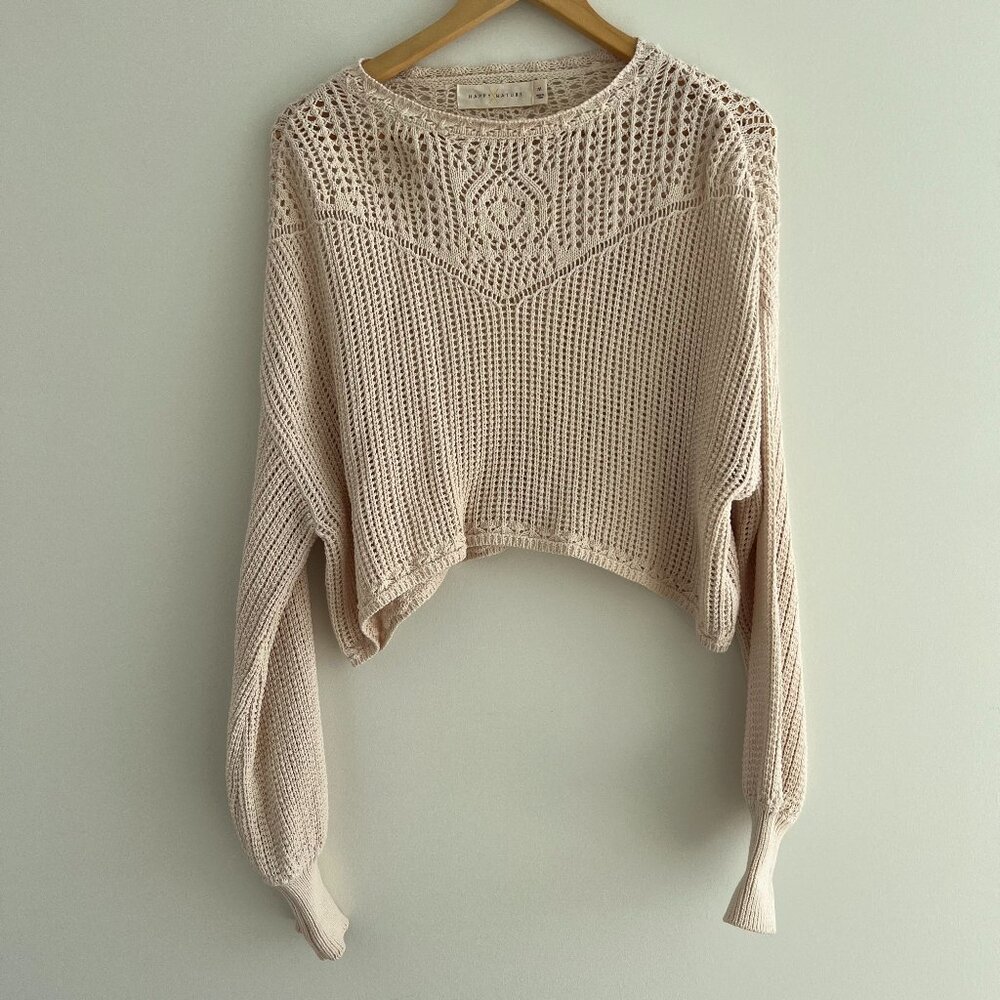 Happy Nature Crochet Knit Sweater Boho Crop Balloon Sleeve Cotton M Festival - Picture 2 of 7